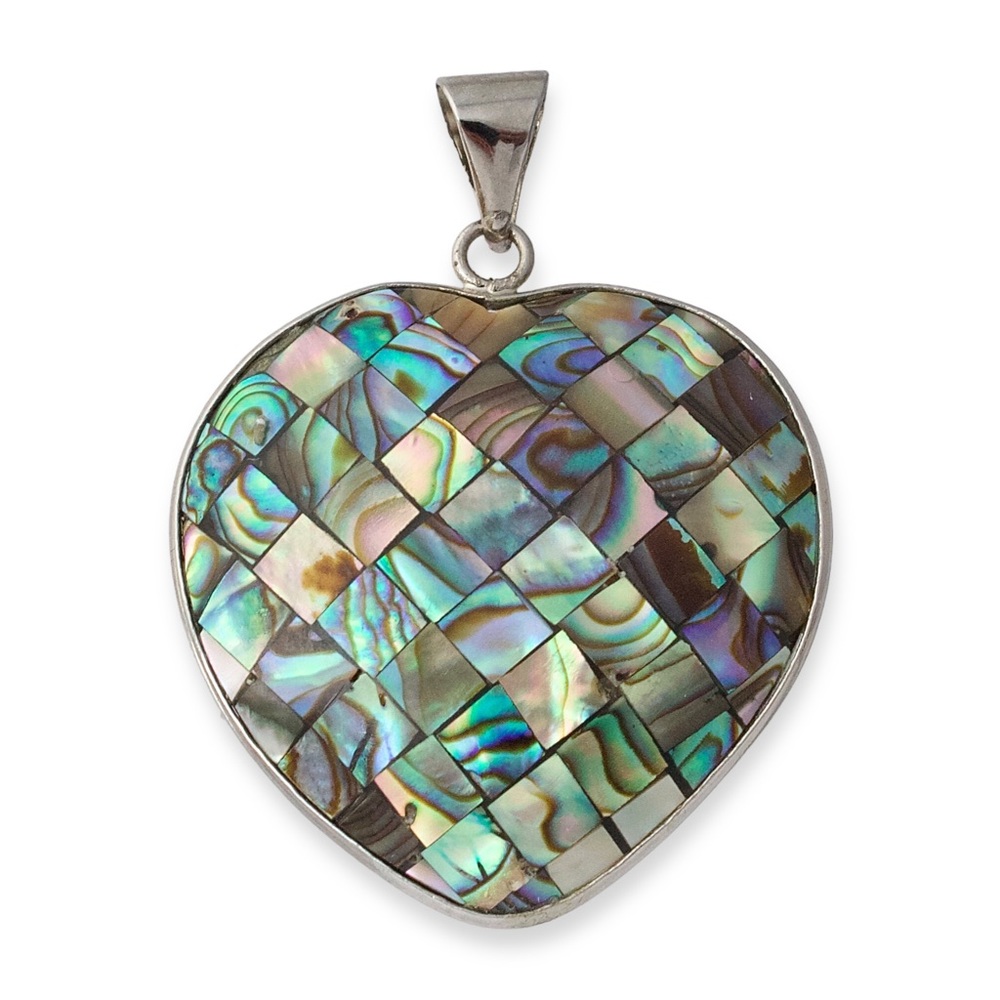 Abalone Shell Puffed Heart Necklace Pendant Checkerboard Inlay Silver Tone